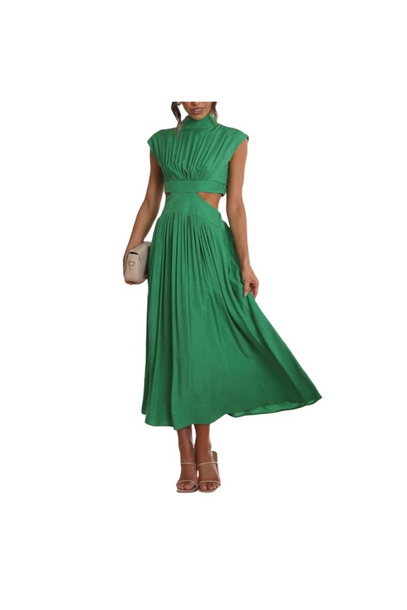 Women Summer Midi Dresses Stand Collar Solid Color Sleeveless Dresst Hollow Out Ruffled Long Dress Beach 22