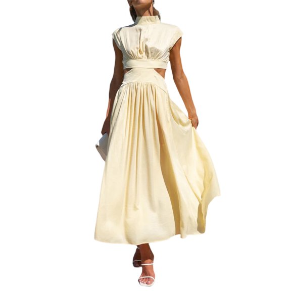 Women Summer Midi Dresses Stand Collar Solid Color Sleeveless Dresst Hollow Out Ruffled Long Dress Beach 22