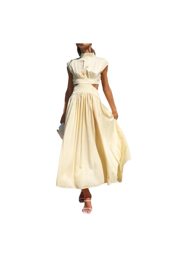 Women Summer Midi Dresses Stand Collar Solid Color Sleeveless Dresst Hollow Out Ruffled Long Dress Beach 22