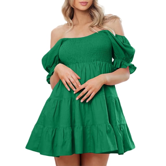 Women Summer Mini Cocktail Dress Short Puff Sleeve Off Shoulder Tiered Ruffle Dresses