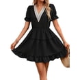 thumbnail image 1 of Women Summer Mini Dress Chiffon Cutout Ruffle V-Neck Puff Sleeve Dresses Dot Boho Sundresses Black L, 1 of 9