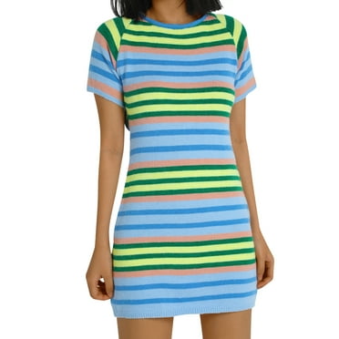 Women Summer Mini Dress Stripe Round-Neck Short Sleeves Knitted Bodycon Dresses