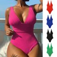thumbnail image 1 of Women Summer Monokini Deep V-Neck Sleeveless Ribbed One-Piece Swimsuit Breathable Solid Color Quick-Drying Bathing Suit, 1 of 7