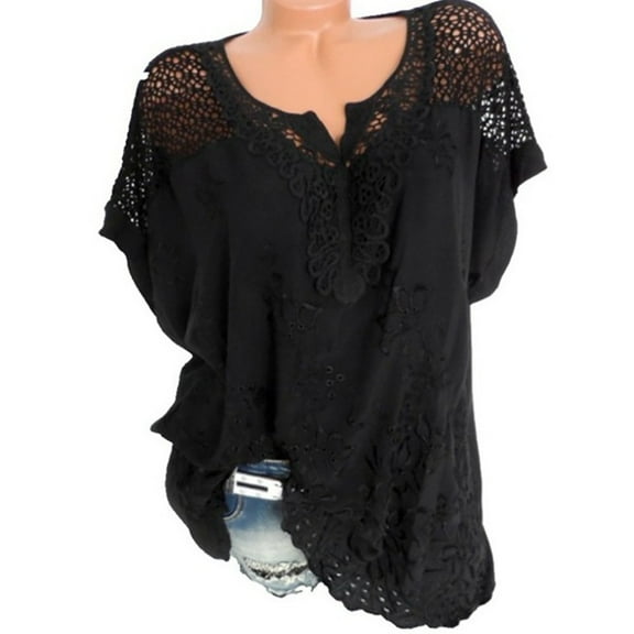 Women Summer O-Neck Short Sleeve Hollow Out Solid Casual Blouse Top T-Shirt