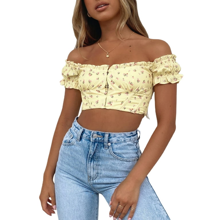 Women Summer Off Shoulder Crop Tops Short Sleeve Central Clasp Frill T Shirt