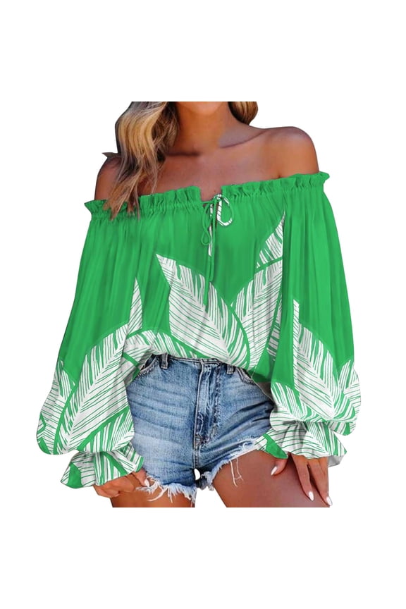 Women Summer Off Shoulder Shirt Floral Print Casual Long Sleeve Off Shoulder V Neck Tops Retro Ethnic Loose Blouse