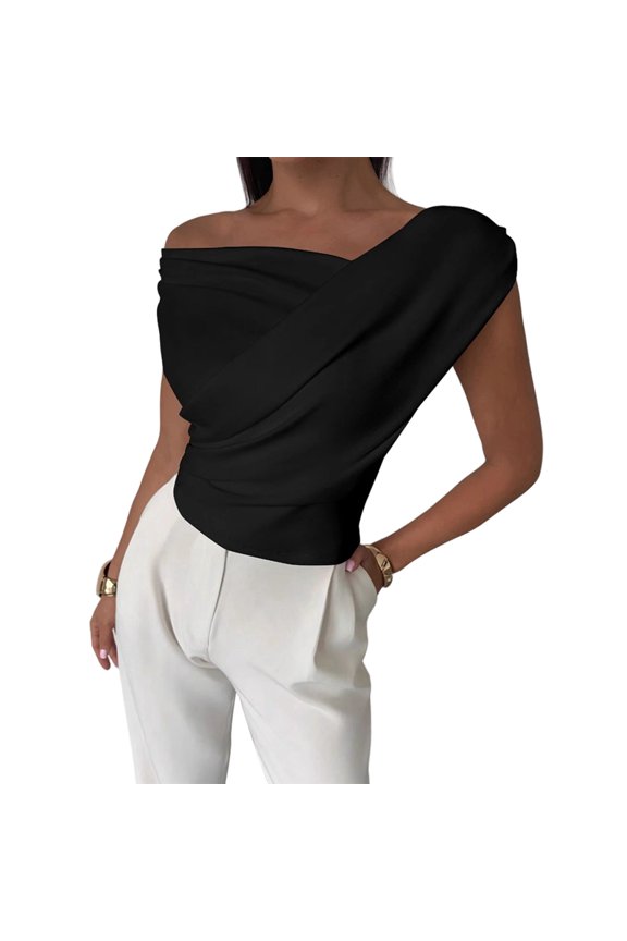 Women Summer Off the Shoulder Crop Cute Tops Sleeveless One Shoulder Ruched Y2K Going Out Tank Top Black S