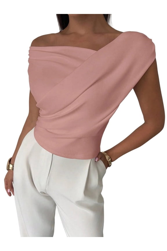 Women Summer Off the Shoulder Crop Cute Tops Sleeveless One Shoulder Ruched Y2K Going Out Tank Top Pink L