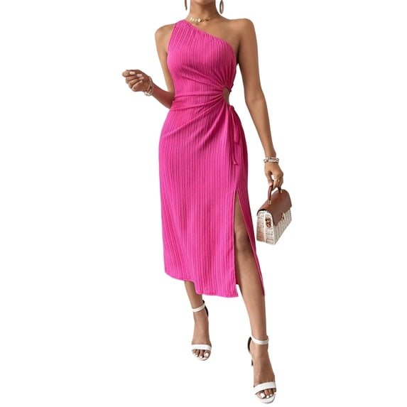 Women Summer One Shoulder Long Dress Slim Sleeveless Bodycon Party Cocktail Maxi Dresses Rose Red XL