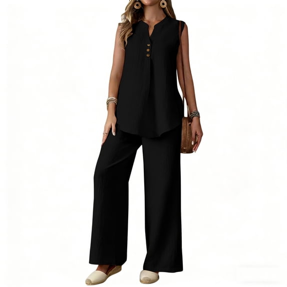 Women Summer Outfits 2 Piece V Neck Sleeveless Button Tank Tops Wide Leg Pants Casual Loose Trendy Sets (XL, Black)