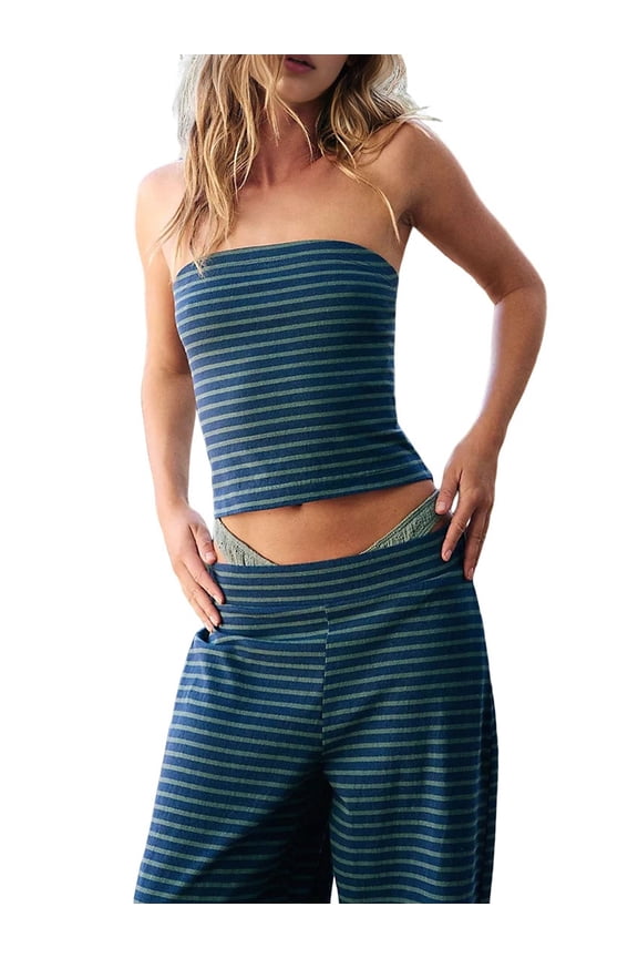 Women Summer Outfits Lounge 2 Piece Sets Striped Tube Top and Pants Matching Sets Beach Vacation Blue L