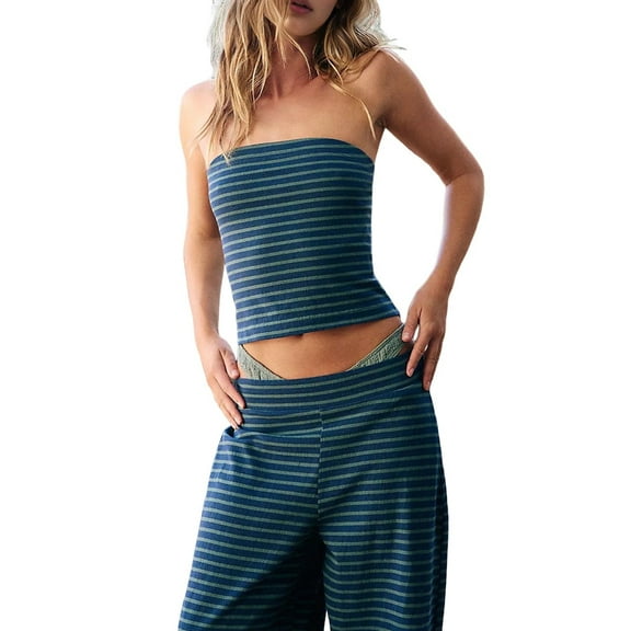 Women Summer Outfits Lounge 2 Piece Sets Striped Tube Top and Pants Matching Sets Beach Vacation Blue L