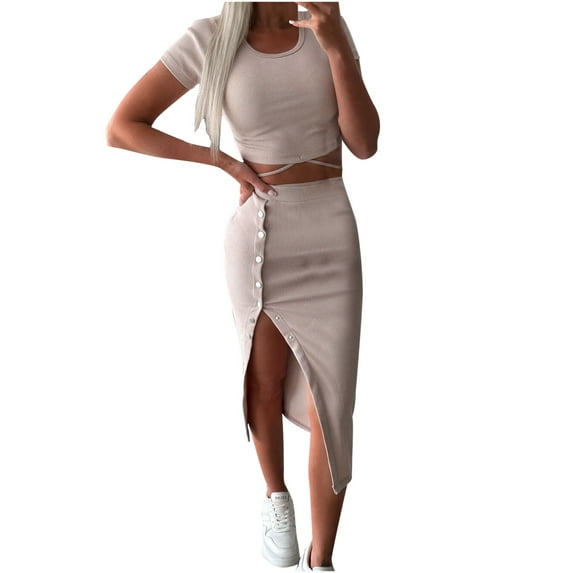 Women Summer Outfits Matching Sets Summer Clothing Set Female Round Neck Short Sleeve Tops Pants Sets Casual Pant Style S_715 Women's Tracksuits Khaki XL