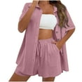 thumbnail image 1 of Women Summer Outfits 2 Piece Outfits Short Sleeve Button Down Shirts and Shorts Sweatsuit Casual Loose Drawstring High Waisted Shorts with Pockets Summer Matching Sets Pinks M, 1 of 7