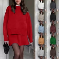 Women Summer Outfits Solid Color Crew Neck Sweater Tops Skirt with Skirt Set Leisure Coffee Summer Lounge Sets L