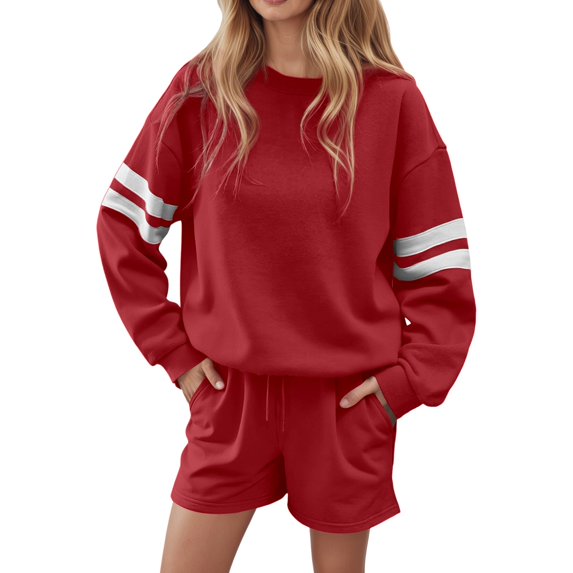 Women Summer Outfits Women's Striped Drop Shoulder Sweatshirt And Shorts Casual Two Piece Set For Fall Winter Comfort