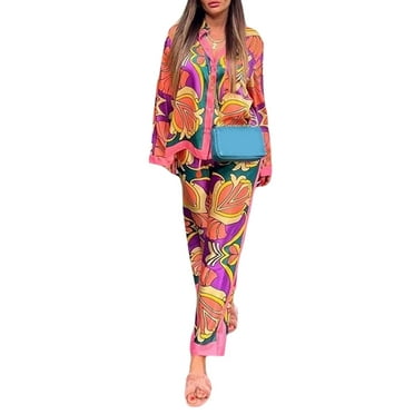 Women Summer Oversized 2Pcs Suit Floral Print Long Sleeve Lapel Button Down Shirt + Loose Wide Leg Pants