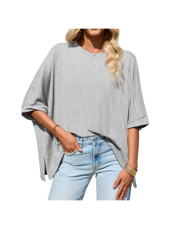 Women Summer Oversized T Shirt Batwing Sleeve Short Sleeve Asymmetric Hem Top Loose Waist T Shirt