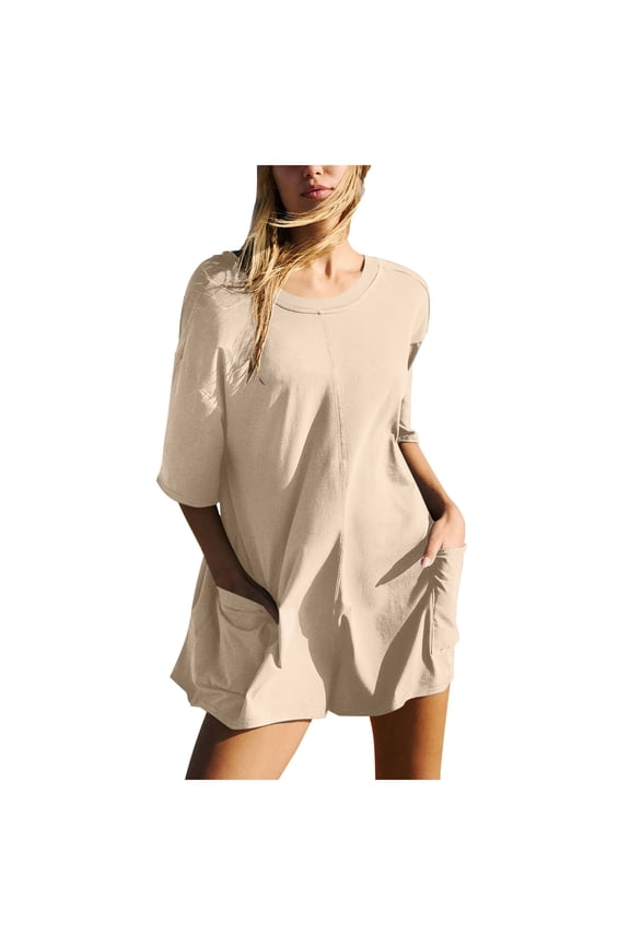 Women Summer Oversized Tee Romper Backless Loose Polyester Beach Casual