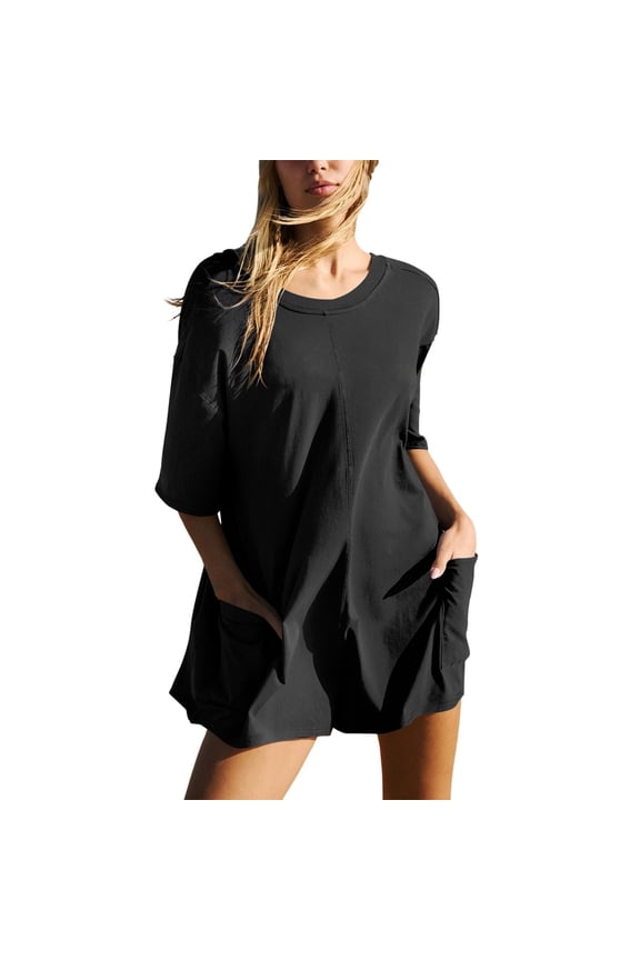 Women Summer Oversized Tee Romper Backless Loose Polyester Beach Casual