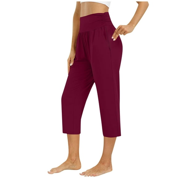 Women Summer Pajama Capri Pants Causal Loose Elastic Waist Athletic Pj Bottom Comfy Solid Color Loungewear Cropped Trousers