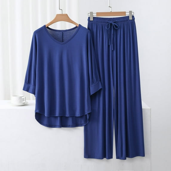 Women Summer Pajama Sets Soft Viscose Sleepwear Loose Fit Two Piece Outfits Comfortable Wide Leg Pants with Pockets Tracksuit