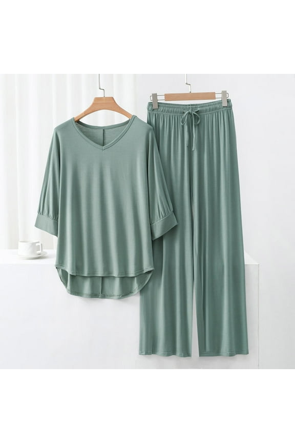 Women Summer Pajama Sets Soft Viscose Sleepwear Loose Fit Two Piece Outfits Comfortable Wide Leg Pants with Pockets Tracksuit