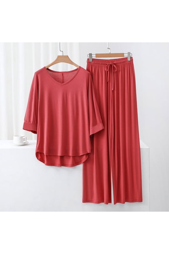 Women Summer Pajama Sets Soft Viscose Sleepwear Loose Fit Two Piece Outfits Comfortable Wide Leg Pants with Pockets Tracksuit