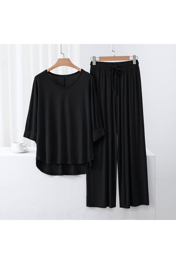 Women Summer Pajama Sets Soft Viscose Sleepwear Loose Fit Two Piece Outfits Comfortable Wide Leg Pants with Pockets Tracksuit