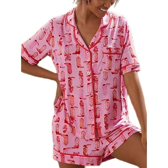 Women Summer Pajamas Set 2 Piece Loungewear Western Boots Print Button Down Shirts and Shorts Sleepwear
