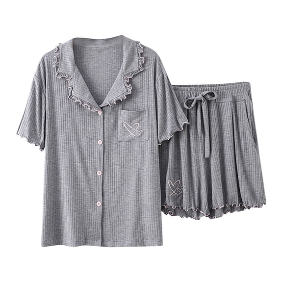Women Summer Pajamas Set 2 Piece Soft Modal Loungewear Solid Short Sleeve Shirts and Flowy Pants