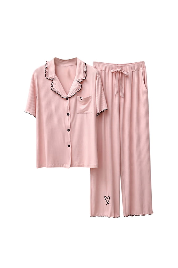 Women Summer Pajamas Set 2 Piece Soft Modal Loungewear Solid Short Sleeve Shirts and Flowy Pants