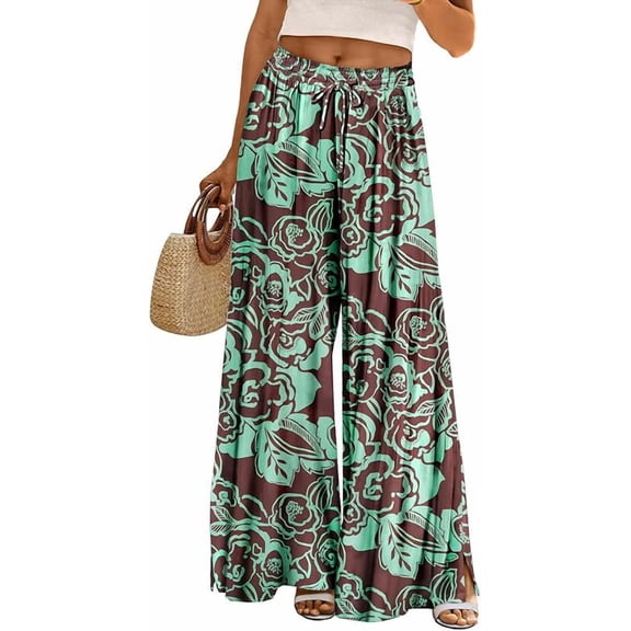 Women Summer Palazzo Pants High Waist Wide Leg Floral Casual Cotton Lounge Trousers with Pockets