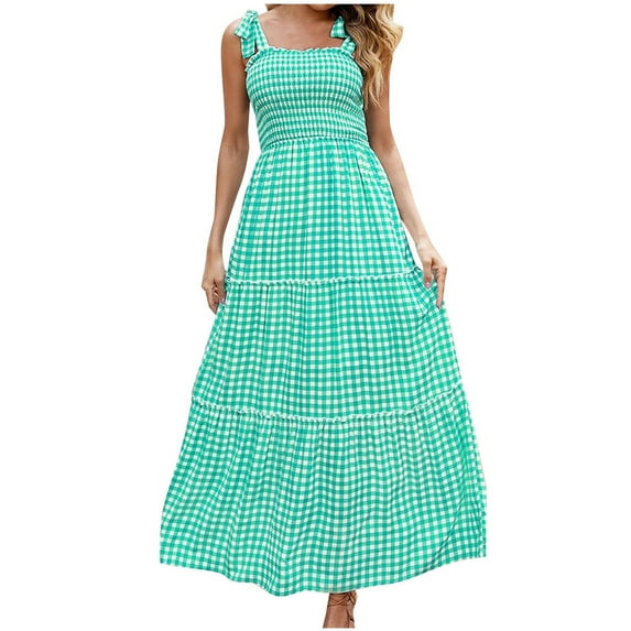 Women Summer Plaid Dress Tie Strap Maxi Dress Tube Top Boho Dress Casual Ruffle Hem Dress Flowy Swing Dress Sundresses for Women vestidos de verano para mujer