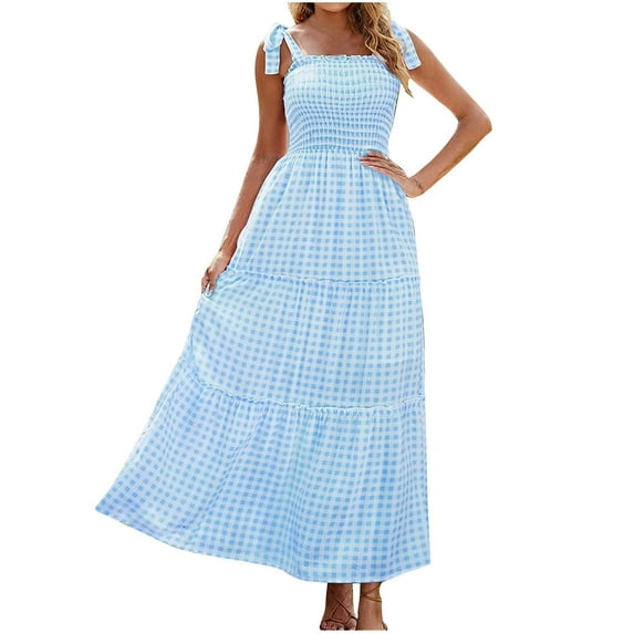 Women Summer Plaid Dress Tie Strap Maxi Dress Tube Top Boho Dress Casual Ruffle Hem Dress Flowy Swing Dress Womens Dresses Summer vestidos de verano para mujer