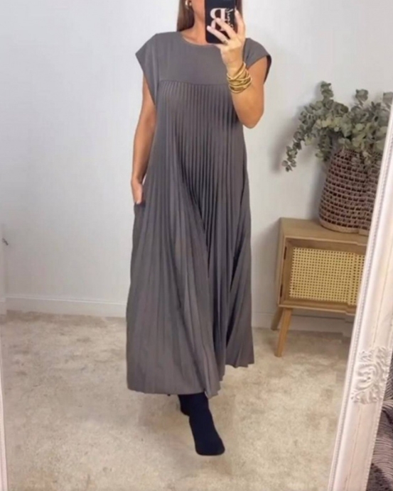 Women's Summer Crewneck Dress - Short Sleeve Loose Fit With Pockets, Casual Pleated Midi Dress