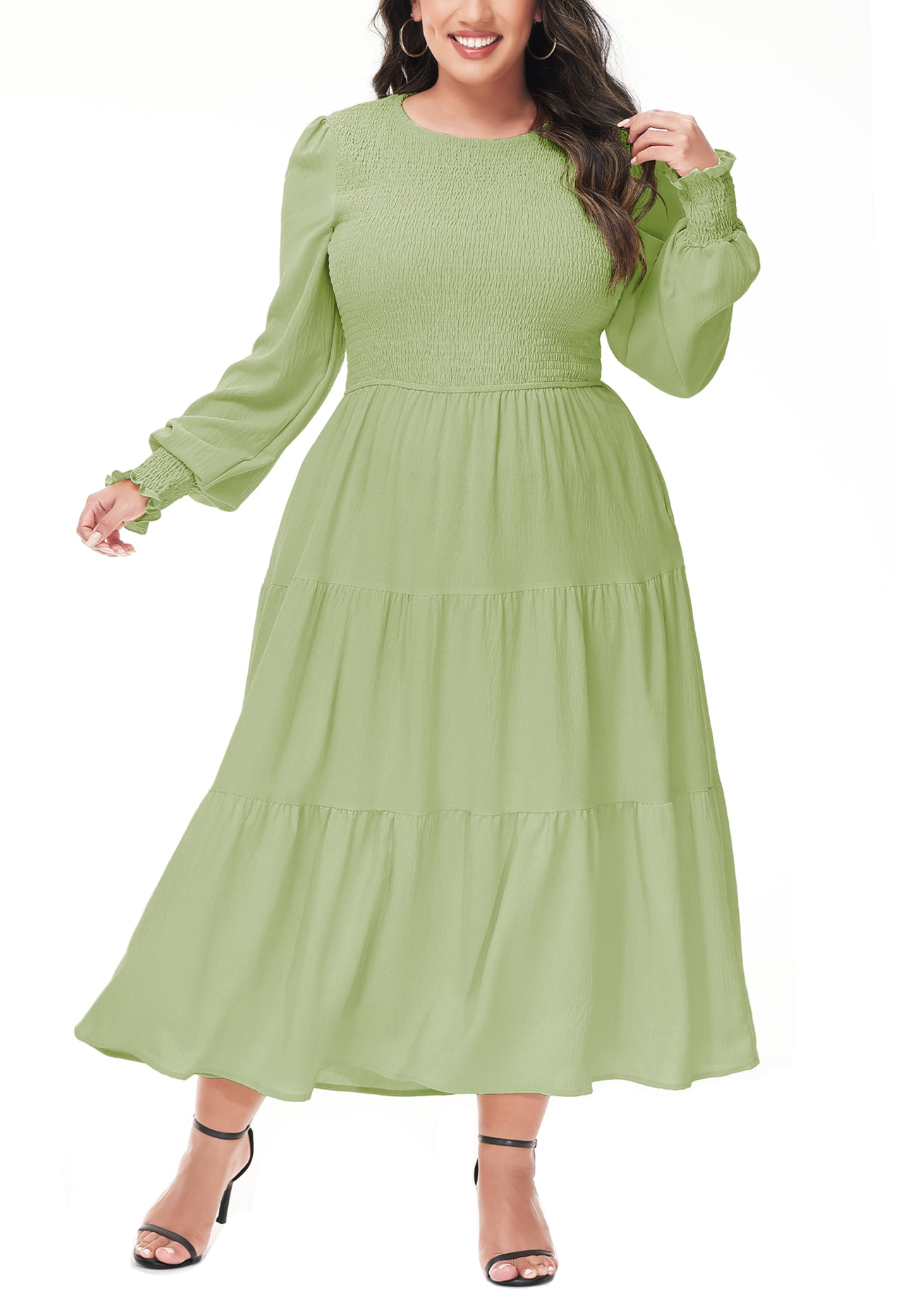 Women Plus Size Poet Long Sleeve Crew Neck High Waist Casual Smocked Flowy  Tiered Midi Dress,2X-Large,Blue - Walmart.com