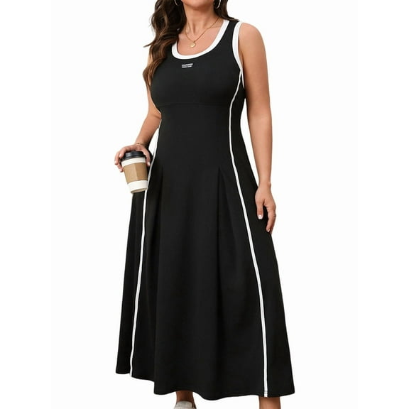 Women Summer Plus Size Swing Midi Dress Sleeveless Black XXL