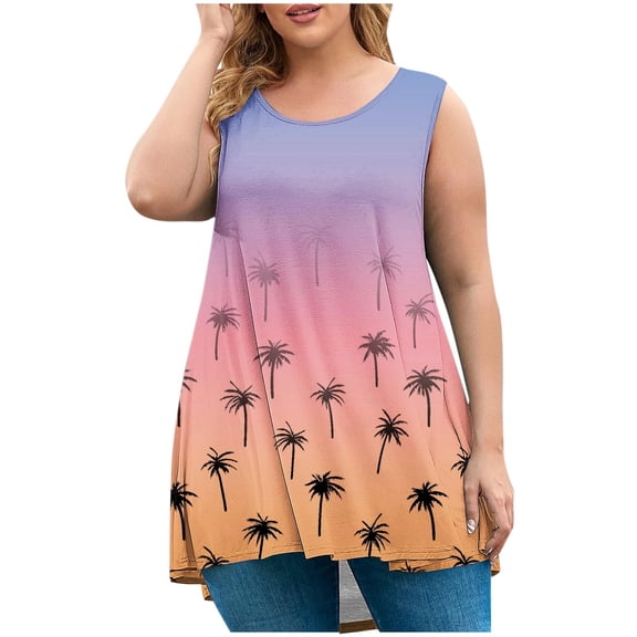 Women Summer Plus Size Tank Tops Fashion Print Crew Neck Sleeveless Shirts Loose Fit Casual Pleated Tunic Tops
