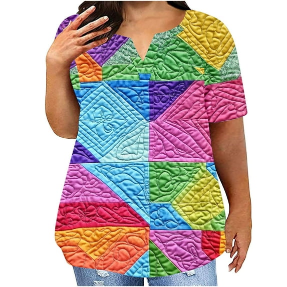 Women Summer Plus Size Tops Notch V Neck Tshirts Trendy Short Sleeve Tee Shirts Oversized 3D Graphic Tunic Top Colorful Nature Printed T-Shirts Loose Comfy Blouse Garments