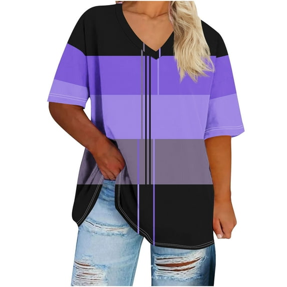 Women Summer Plus Size Tshirt Casual V Neck Short Sleeve Oversized Tee Shirt Comfort Color Block Stretch Blouses