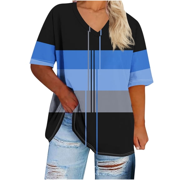 Women Summer Plus Size Tshirt Casual V Neck Short Sleeve Oversized Tee Shirt Comfort Color Block Stretch Blouses