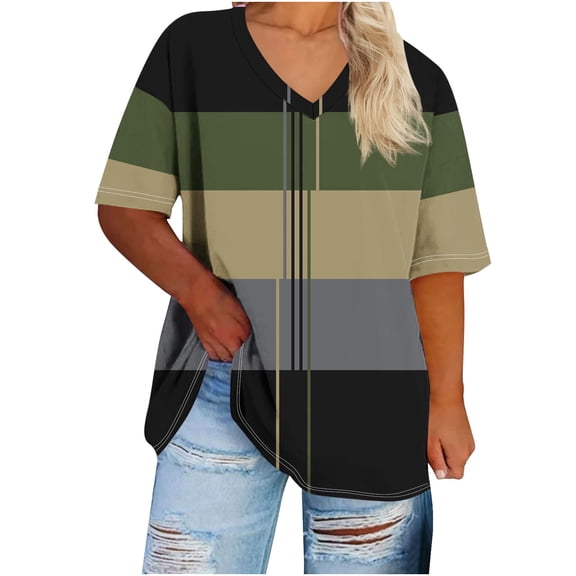 Women Summer Plus Size Tshirt Casual V Neck Short Sleeve Oversized Tee Shirt Comfort Color Block Stretch Blouses
