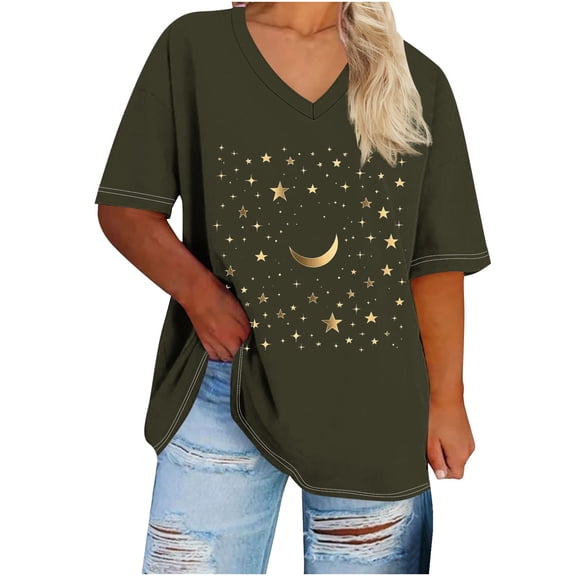 Women Summer Plus Size Tshirt Casual V Neck Short Sleeve Oversized Tee Shirt Comfort Color Block Stretch Blouses