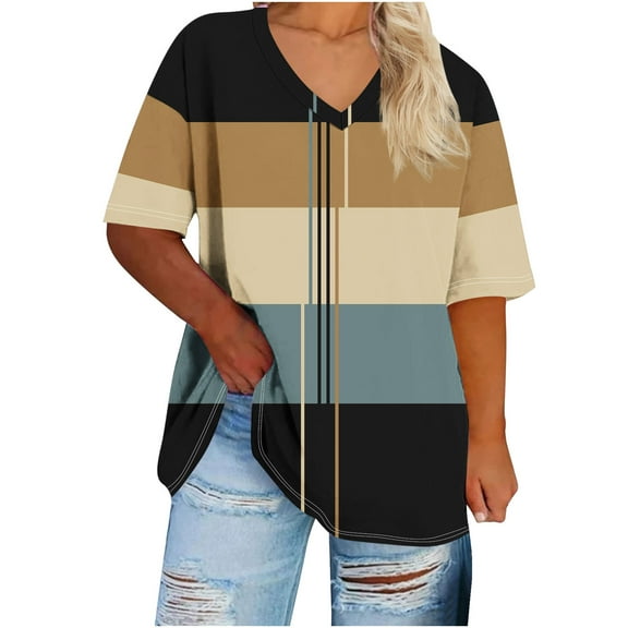 Women Summer Plus Size Tshirt Casual V Neck Short Sleeve Oversized Tee Shirt Comfort Color Block Stretch Blouses
