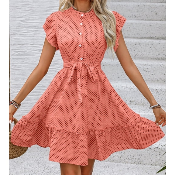 Women Summer Polka Dot Casual Wrap Ruffle Sleeve Belted Flowy Mini Dress for Women Vacation