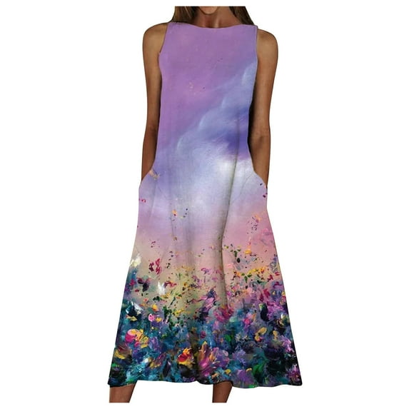 Women Summer Print Beach Holiday Dress Round Neck Big Swing Pocket Maxi Dress