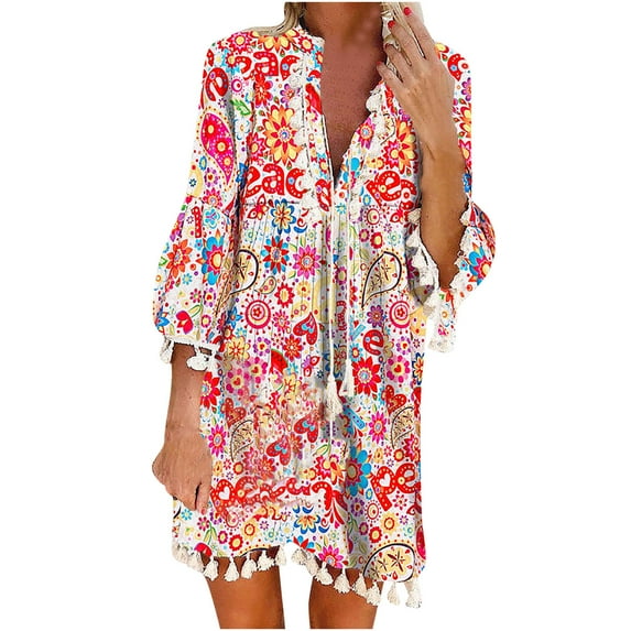 Women Summer Print Dress V Neck Short Sleeve Loose Dress