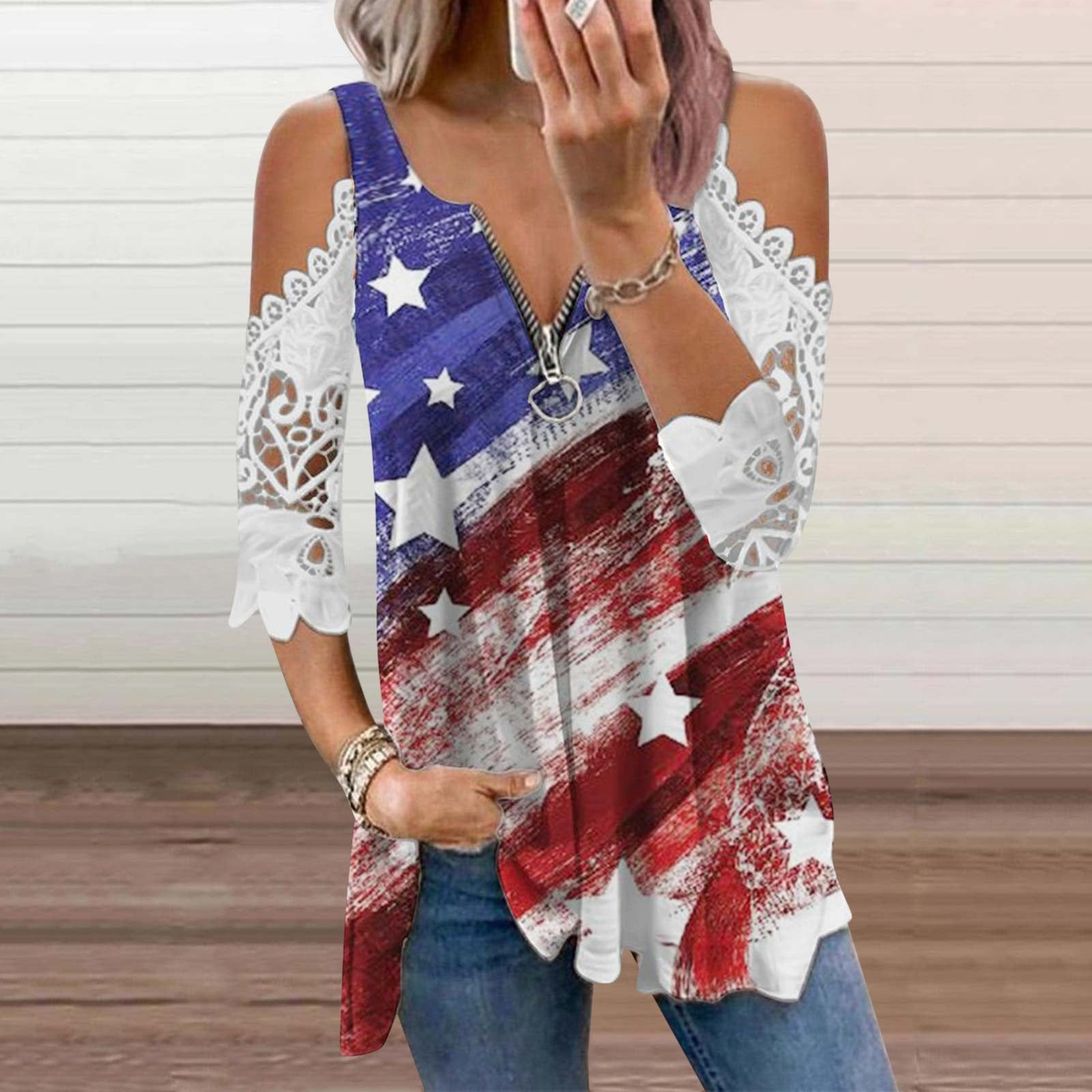 Women Summer Print Short Sleeve Cold Shoulder Tops Graphic T Shirts Zip Lace Off Shoulder T Shirt