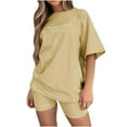 thumbnail image 1 of Women Summer Print Short Sleeve O Neck Top And Shorts Set Khaki M, 1 of 6